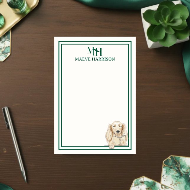 Post-it® Monogram Hand Drawn Dachshund Reading (Gift custom stationery to the dog lover in your life! )