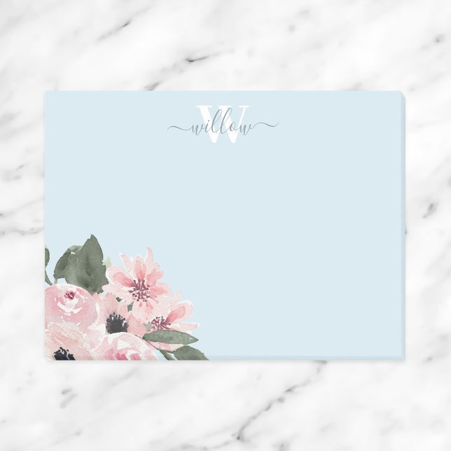 Post-it® Monogramme bleu rose roux Notes florales (Créateur téléchargé)