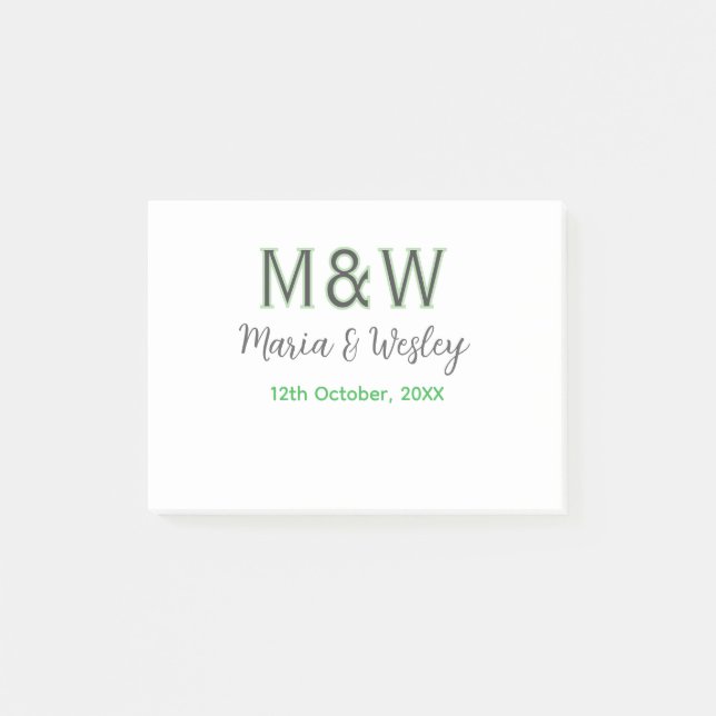 Post-it® Monogramme couple gris vert moderne date romantiqu (Devant)