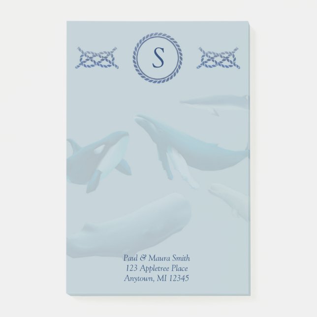 Post-it® Monogramme de baleines bleues avec nom Adresse (Devant)