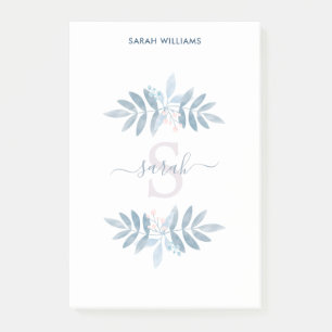 Post-it® Monogramme floral d'aquarelle bleue