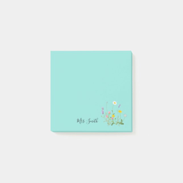Post-it® Monogramme floral personnalisé bleu Turquoise (Devant)