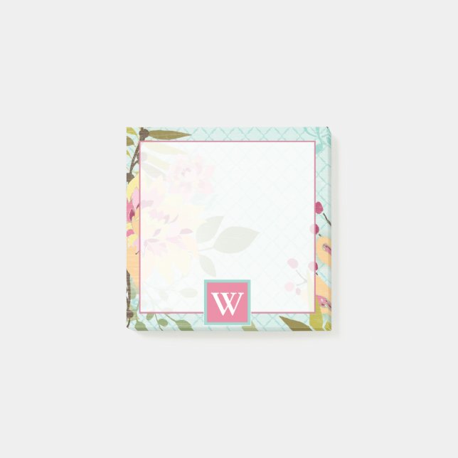 Post-it® Monogramme | Jardin floral, Arrière - plan bleu (Devant)