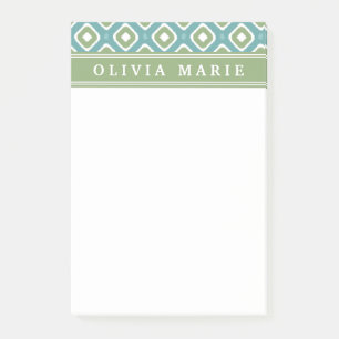 Post-it® Motif bleu vert Ikat Mod avec nom