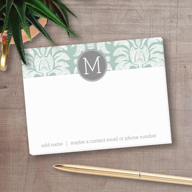 Post-it® Motif de Damas de la menthe et gris Monogramme per (Personalized post-it notes - add your name and other text)