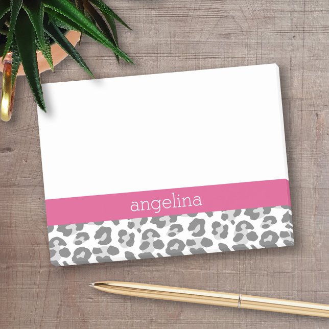 Post-it® Motif Empreinte de léopard gris avec nom rose (Personalized post-it notes with an area to add your name or other text)