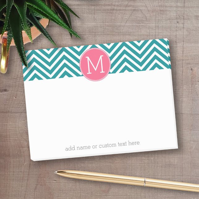Post-it® Motif Girl Chevron avec Monogramme - Turquoise ros (Personalized post-it notes with an area to add your name or other text)