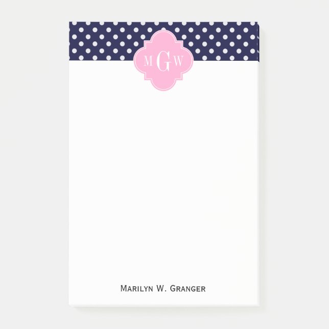 Post-it® Navy White Polka Dots Pink Quatrefoil 3 monogram (Devant)
