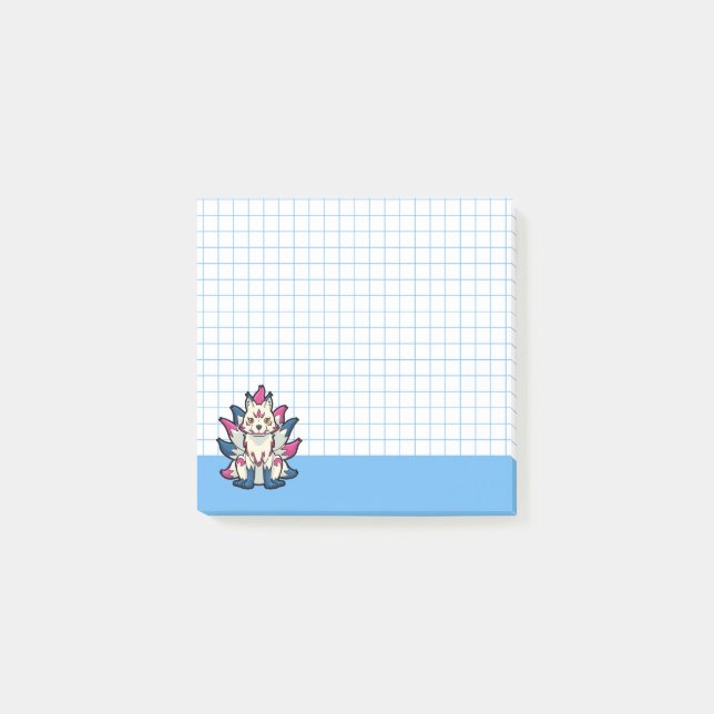 Post-it® Nine-Tailed Kitsune- Japanese Fox Yokai Blue Grid (Devant)