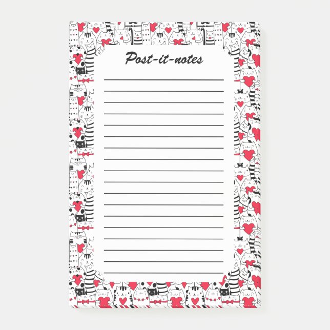 Post-it® Noir Blanc Cute Chat Coeur Rouge (Devant)