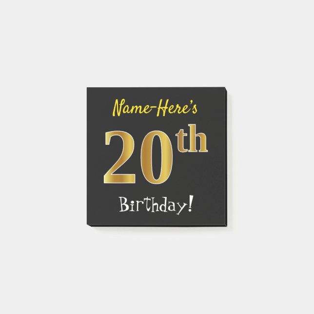 Post-it® Noir, Faux Gold 20e anniversaire, avec nom personn (Devant)