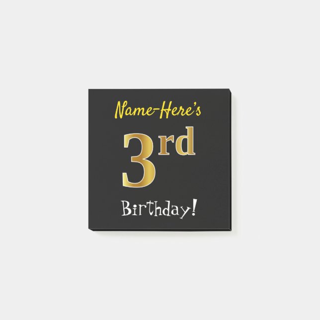 Post-it® Noir, Faux Gold 3ème anniversaire, avec nom person (Devant)