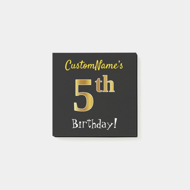 Post-it® Noir, Faux Gold 5e anniversaire, avec nom personna (Devant)