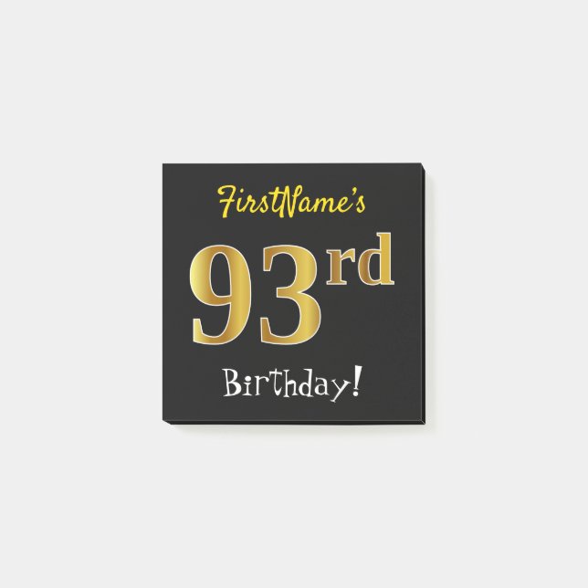 Post-it® Noir, Faux Gold 93ème Anniversaire, Avec Nom Perso (Devant)
