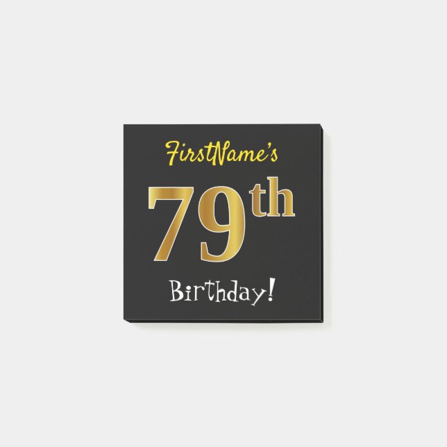 Post-it® Noir, Faux Or 79e Anniversaire, Avec Nom Personnal (Devant)