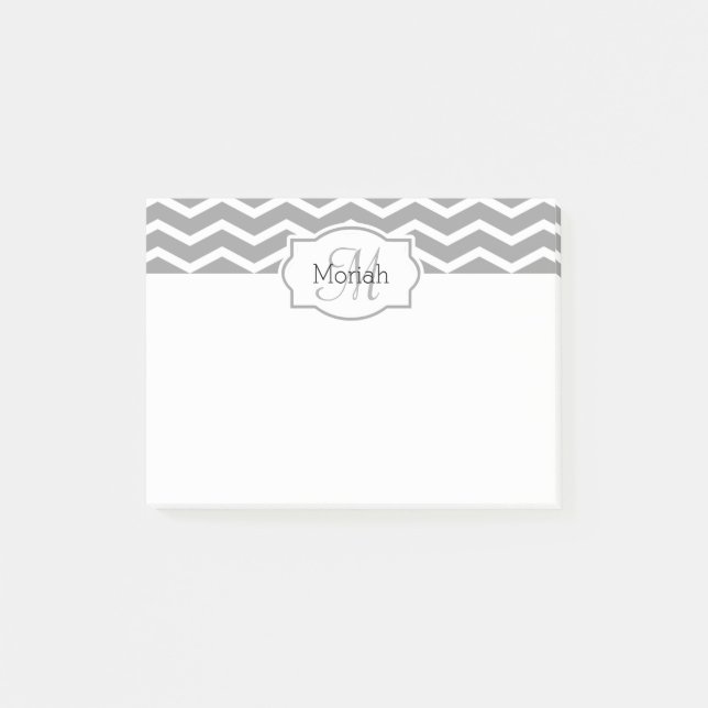 Post-it® Nom de Chevron gris et blanc Monogramme (Devant)