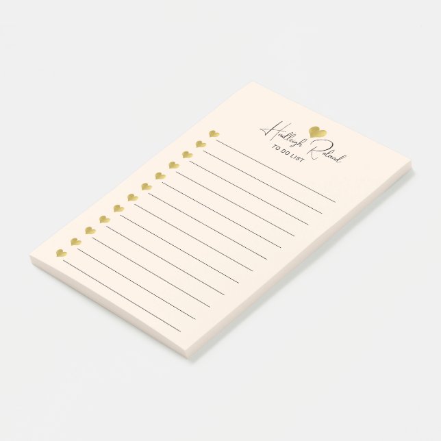 Post-it® Nom de script Monogramme Cœur Doré Pêche (Incliné)