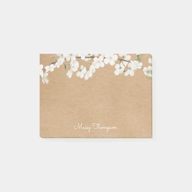 Post-it® Nom du script rustique Kraft en fleurs blanches (Devant)