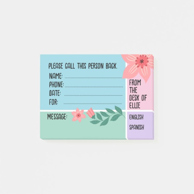 Post-it® Nom personnalisé Fleurs florales Bureau téléphoniq (Devant)