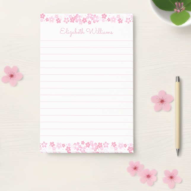 Post-it® Nom personnalisé Pink Japanese Cherry Blossom 4x6  (Cherry blossom post it notes with custom name 🌸🌸)