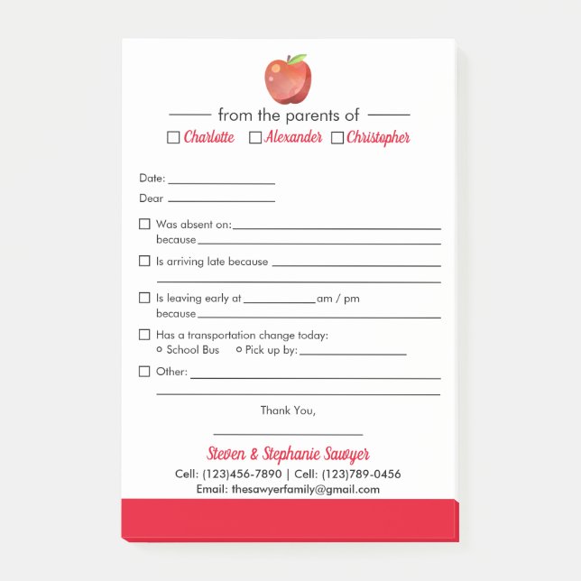 Post-it® Notes d'excuses de l'élève pour le Bloc-notes post (Devant)