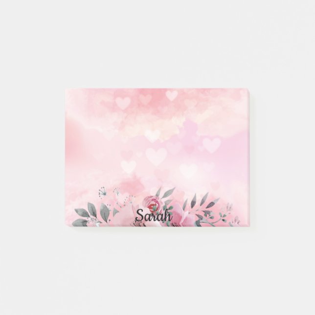 Post-it® Pink Floral Ajouter Nom Cute Office Cadeau (Devant)