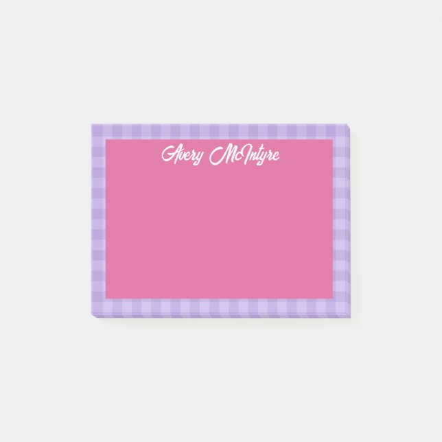 Post-it® Pink Purple Gingham Border Name In Cool Script (Devant)