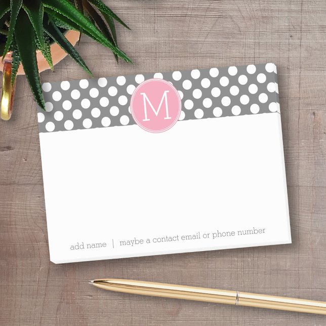 Post-it® Pois Pastel rose et gris avec monogramme personnal (Personalized post-it notes with an area to add your name or other text)