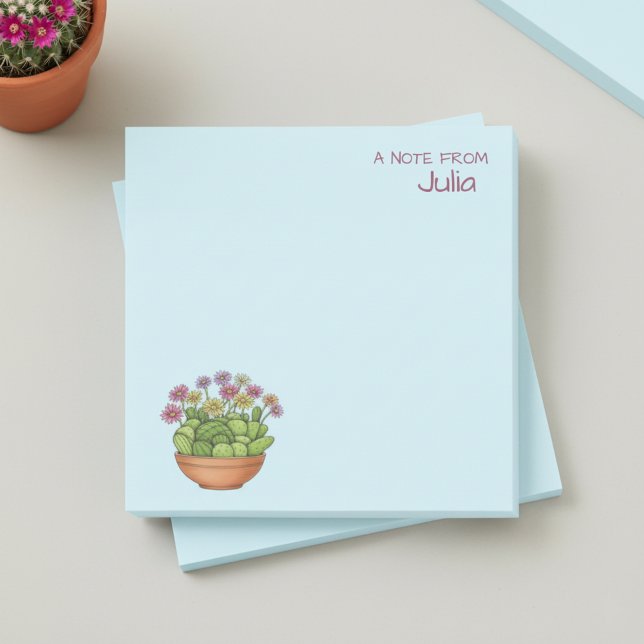 Post-it® Pot de cactus avec notes adhésives personnalisées (Cute blue personalized post-it notes decorated with an illustration of a pot of cactii with flowers.)