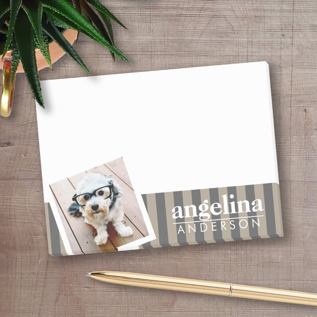 Post-it® Preppy Grey Stried Motif Personnalisé Nom et photo (Personalized post-it notes with an area to add your name or other text)