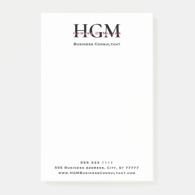 Post-it® Professionnel 3 lettres Monogramme Noir Rouge Blan (Devant)