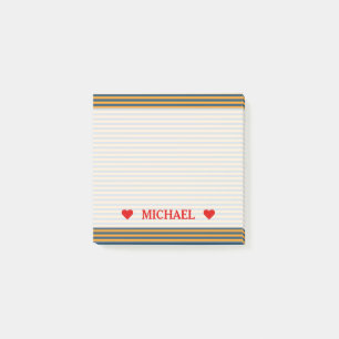 Post-it® Rayures/lignes motif et nom bleus et oranges de