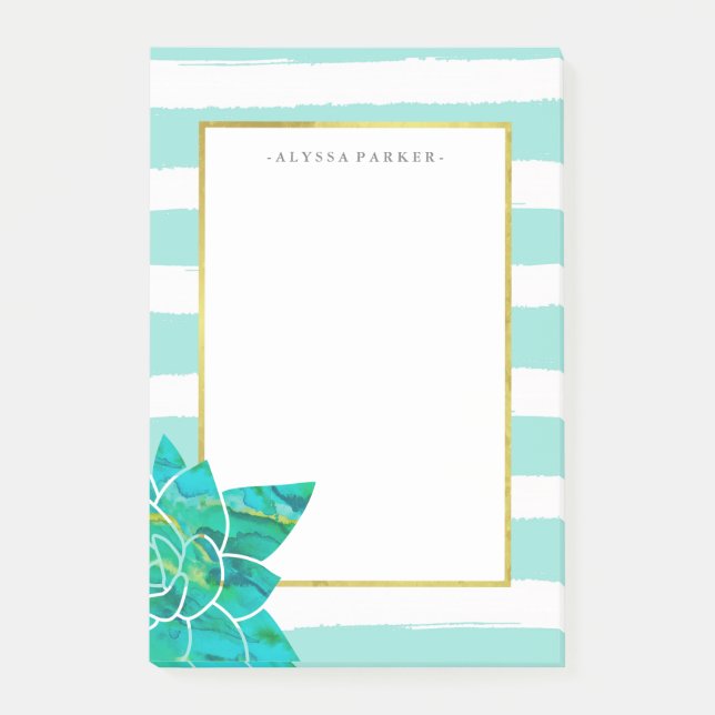 Post-it® Rayures turquoises et blanches avec le Succulent (Devant)