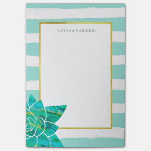 Post-it® Rayures turquoises et blanches avec le Succulent