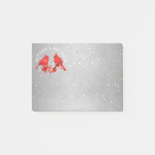 Post-it® Red Cardinals Faux Silver Monogramme Nom Couple 4x