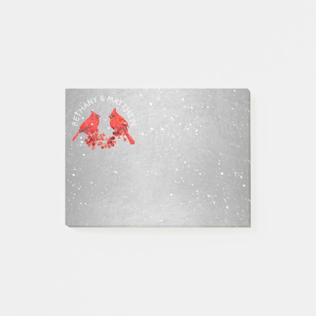 Post-it® Red Cardinals Faux Silver Monogramme Nom Couple 4x (Devant)