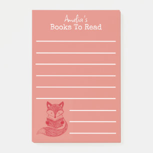 Post-it® Renard avec livre Liste de lecture personnalisée