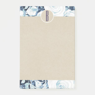 Post-it® Roses Kraft Rustiques Monogramme Hiver Bleu Blanc
