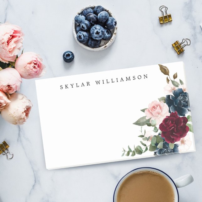 Post-it® Rouge Bourgogne & Bleu Elégant Aquarelle Fleurs (Red Burgundy & Blue Elegant Watercolor Flowers Post-it Notes)