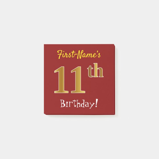 Post-it® Rouge, Faux Gold 11e Anniversaire, Avec Nom Person (Devant)