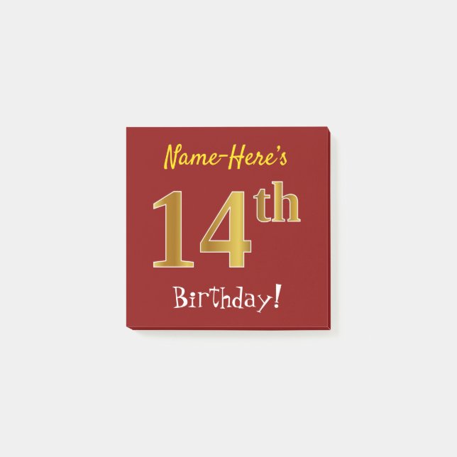 Post-it® Rouge, Faux Gold 14ème Anniversaire, Avec Nom Pers (Devant)