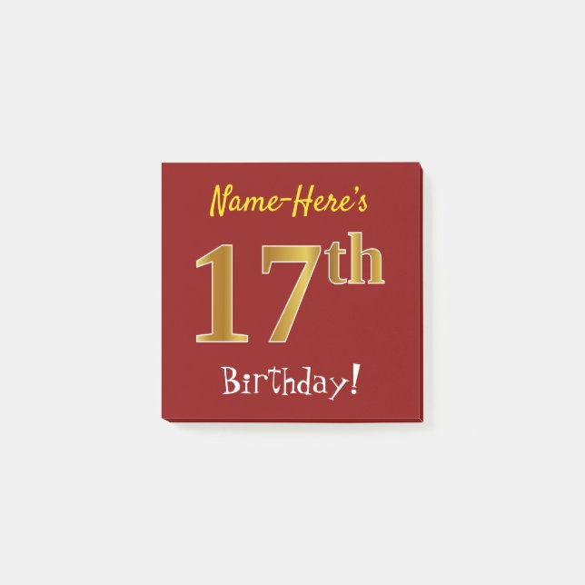 Post-it® Rouge, Faux Gold 17e anniversaire, avec nom person (Devant)