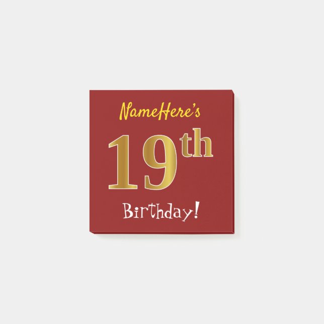 Post-it® Rouge, Faux Gold 19e Anniversaire, Avec Nom Person (Devant)