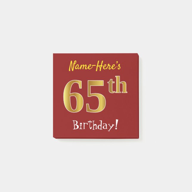 Post-it® Rouge, Faux Gold 65e anniversaire, avec nom person (Devant)