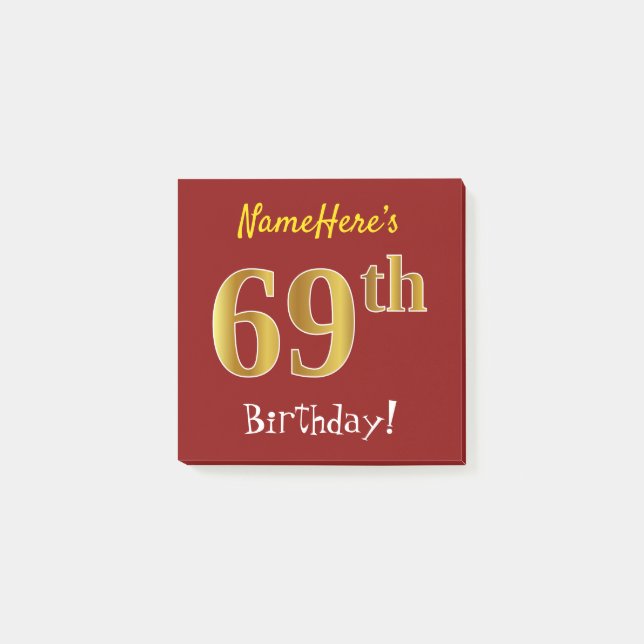 Post-it® Rouge, Faux Gold 69e anniversaire, avec nom person (Devant)