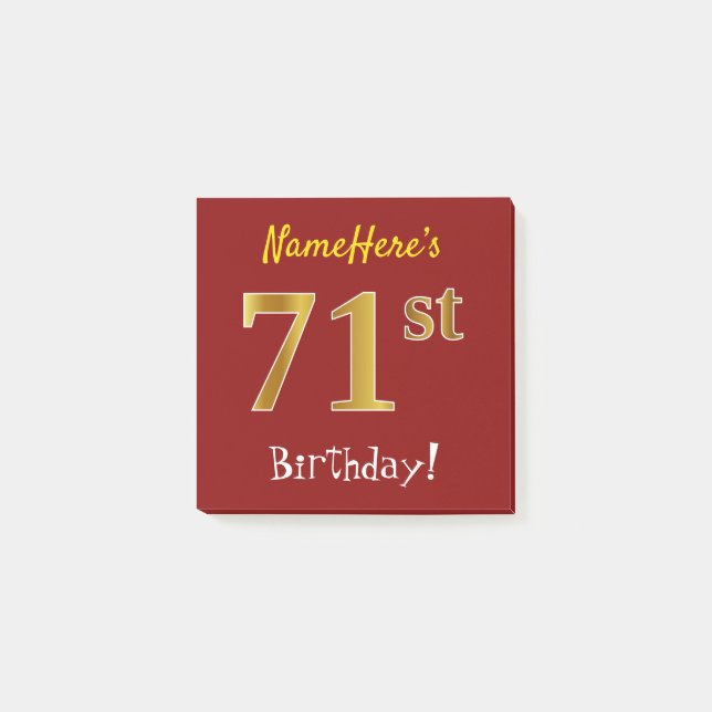Post-it® Rouge, Faux Gold 71ème Anniversaire, Avec Nom Pers (Devant)