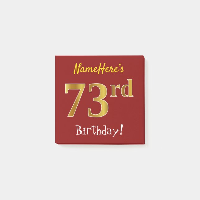 Post-it® Rouge, Faux Gold 73e anniversaire, avec nom person (Devant)
