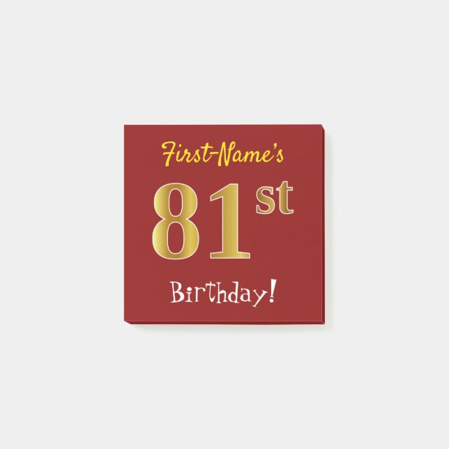 Post-it® Rouge, Faux Gold 81ème Anniversaire, Avec Nom Pers (Devant)