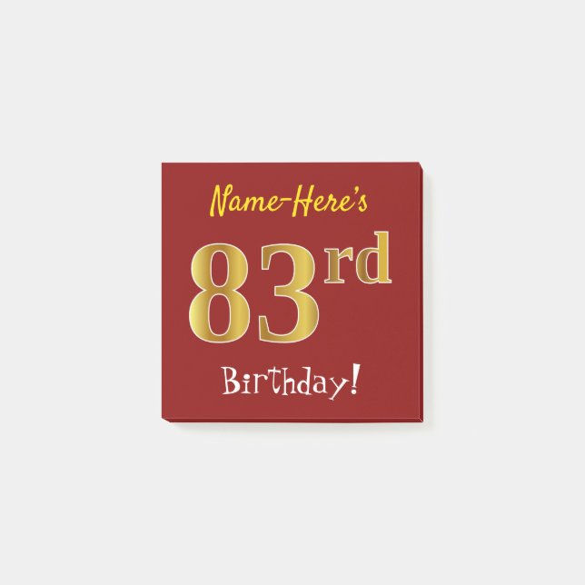 Post-it® Rouge, Faux Gold 83e anniversaire, avec nom person (Devant)
