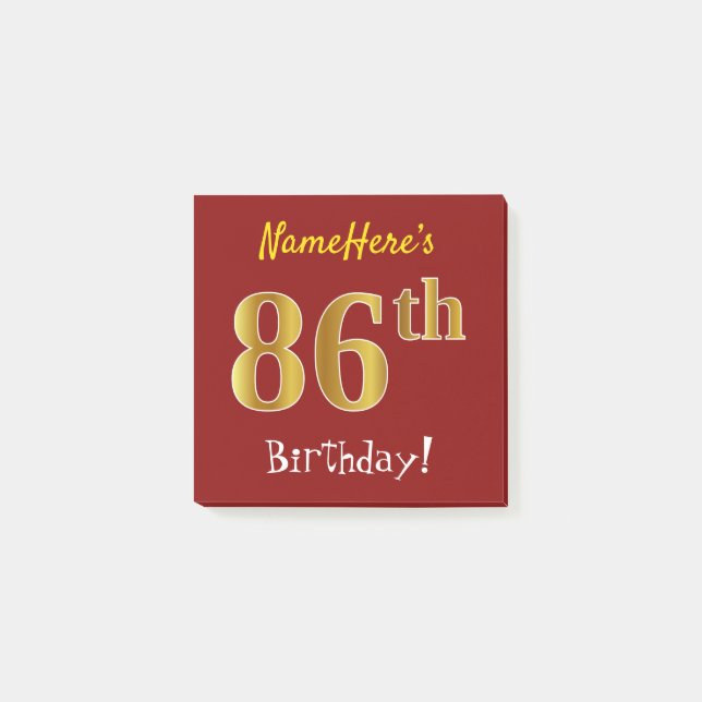 Post-it® Rouge, Faux Gold 86e anniversaire, avec nom person (Devant)